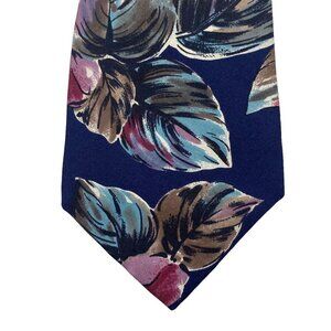 HALSTON III Mens Necktie Vintage Silk Tie Blue Leaf Print